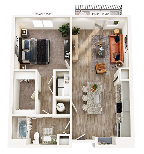 A floor plan of a two-bedroom apartment with a living room, kitchen, and bathroom.
